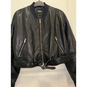 Zara Faux Leather Cropped Bomber Jacket Women Black Belted Moto Style